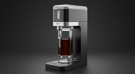 A sleek black coffee maker with a glass carafe filled with dark liquid on a dark background
