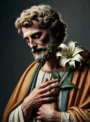 Saint Joseph, father of Jesus, holds a lily flower symbolizing his purity