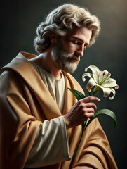 Saint Joseph, father of Jesus, holds a lily flower symbolizing his purity