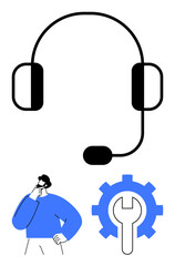 Headset highlights communication, person pondering ideas suggests problem-solving, gear with wrench symbolizes tools and technical support. Ideal for customer service, innovation, technical help