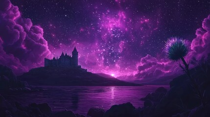 Fototapeta premium Purple Nightscape: A Castle by the Lake Under a Starry Sky
