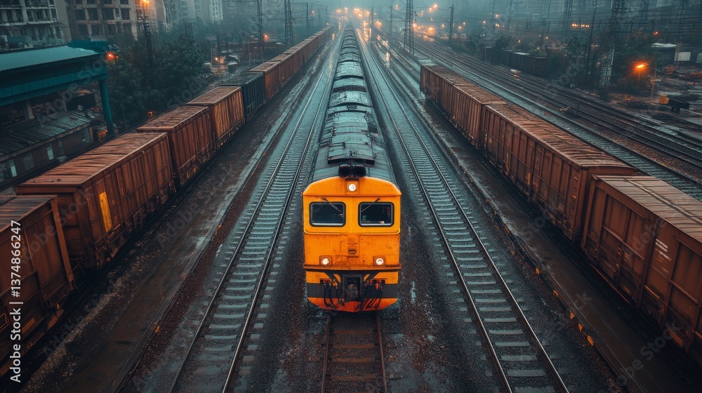 Poster a freight train navigates tracks at a logistics terminal during dawn, surrounded by cargo containers