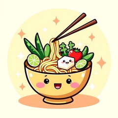 Cute Cartoon Bowl of Noodles with Vegetables and Tofu Perfect for Asian Food Blogs and Restaurant Menus