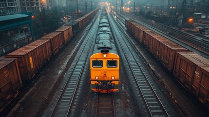 A freight train navigates tracks at a logistics terminal during dawn, surrounded by cargo containers and rail infrastructure, showcasing modern transportation capabilities.