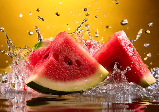 Rodajas de sandia fresca con salpicadura de agua
