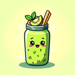 Adorable Kiwi Smoothie in a Mason Jar Cartoon Illustration Perfect for Blogs Websites and Kids Products