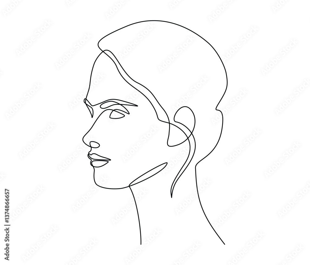 Poster woman face in continuous one line drawing. beautiful lady portrait in simple linear style. editable 
