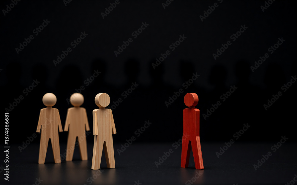 Poster a red figure stands apart, facing three wooden figures in a dark setting. the distinct color and pos