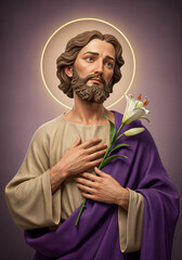 Saint Joseph, father of Jesus, holds a lily flower symbolizing his purity