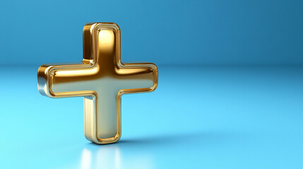 Obraz premium A 3D gold icon sign with a metallic cross, symbolizing wealth, health, and divine protection. The glossy medical emblem conveys first aid, safety, and modern healthcare on an isolated background.