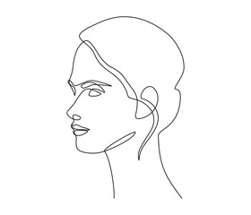 Woman face in continuous one line drawing. Beautiful lady portrait in simple linear style. Editable stroke. Doodle monoline vector illustration