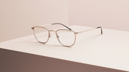 Pair of eyeglasses resting on a white surface. the glasses have a rectangular frame with thin metal temples and a thin metal bridge. the temples are slightly curved and the bridge is slightly tapered.