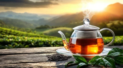 Gardinen A steaming teapot with tea on a wooden table in a scenic landscape © Nataliya