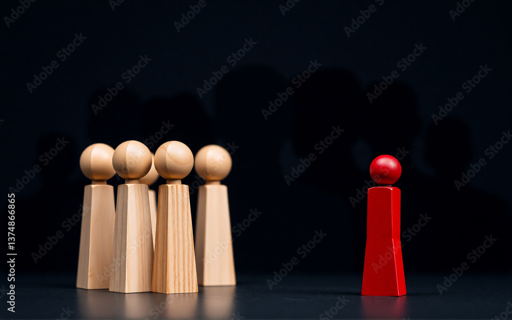 Poster a group of wooden figures are clustered together while a single red figure stands apart in front of 