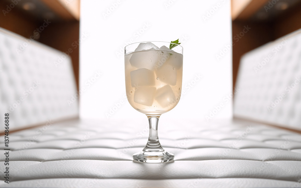 Poster refreshing drink with ice cubes and a mint sprig in a glass on a white textured surface. the backgro