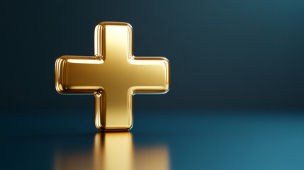 Fototapeta premium A 3D gold icon sign with a metallic cross, symbolizing wealth, health, and divine protection. The glossy medical emblem conveys first aid, safety, and modern healthcare on an isolated background.