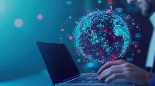 Abstract Businessman use laptop and synchronize data of business on computer device with global network