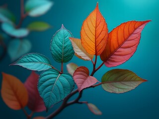 Vibrant autumn leaves close-up, fiery red orange pink teal foliage, deep teal background, fall colors, detailed leaf veins, warm and cool contrast