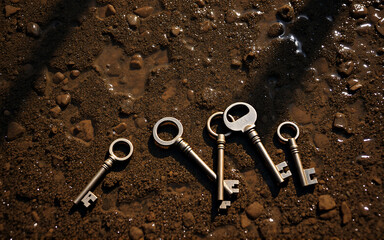 Antique keys scattered on rough brown earthy ground, textured with sunlight shadows.
