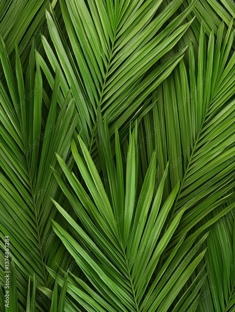 Poster close-up of a group of green palm leaves. the leaves are arranged in a repeating pattern, with each 