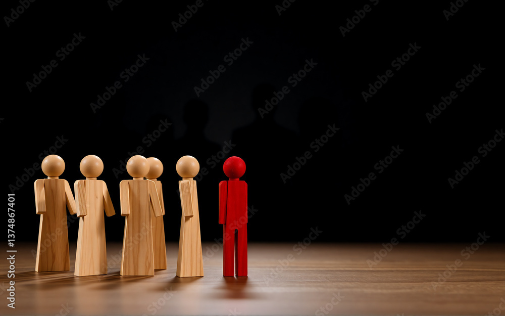 Poster a group of wooden figures faces a red figure. the red figure stands out against the group. they are 