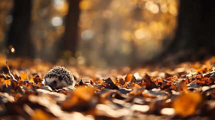 A small hedgehog nestled among fallen autumn leaves in a serene woodland environment, showcasing a warm and tranquil atmosphere with dappled sunlight filtering through the trees