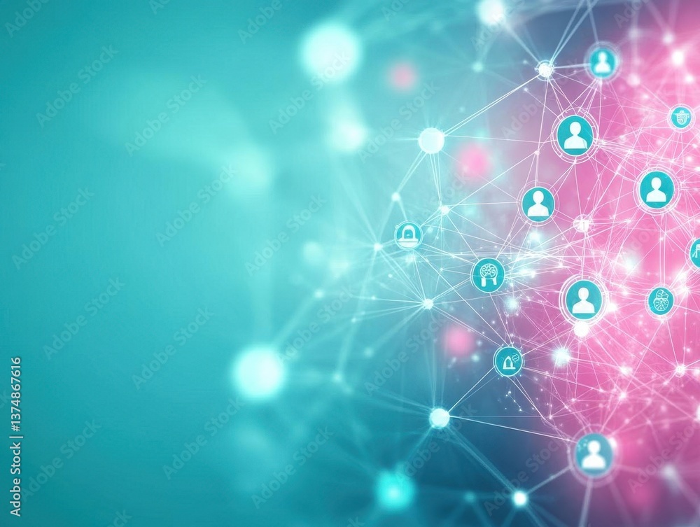 Poster abstract network with human icons on pink and teal background