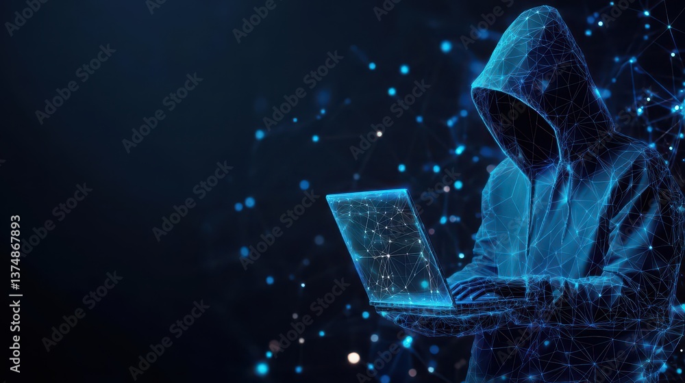 Poster Abstract polygonal hacker with laptop on technology dark background