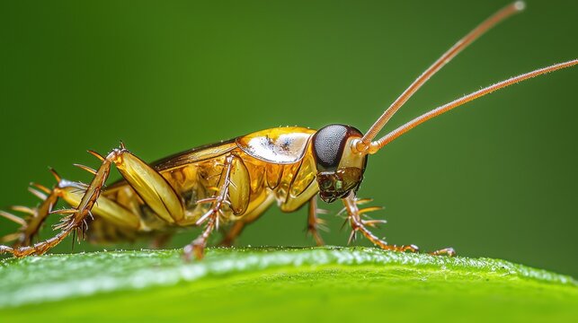 Close-up of an American cockroach perched on a vibrant green leaf against a green backdrop.