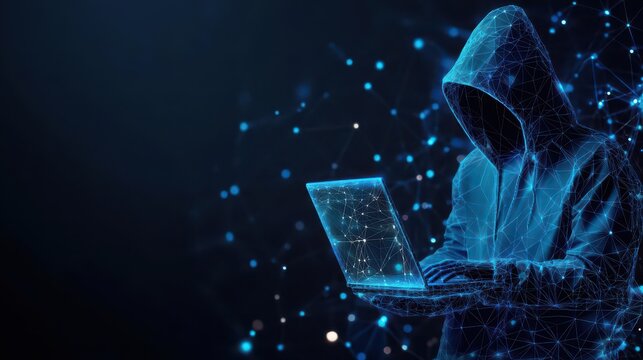 Abstract polygonal hacker with laptop on technology dark background