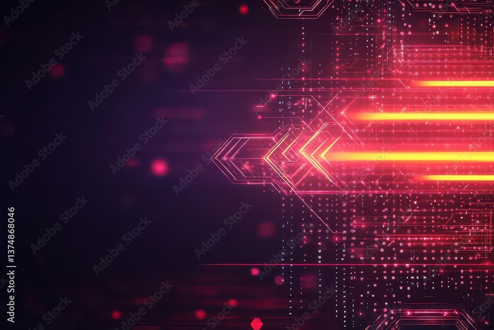 Poster Abstract red neon light arrow speed background Futuristic glow tech gamer graphic for banner Fast move cyber casino design with yellow led beam 3d triangle perspective dynamic digi