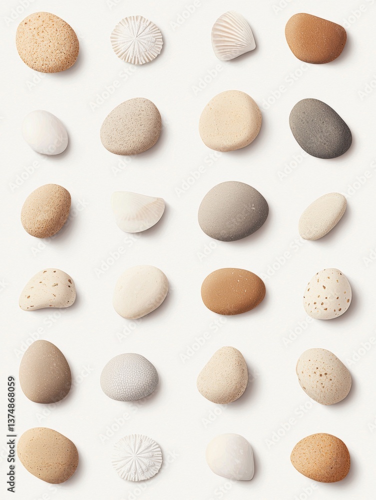 Poster collection of different types of pebbles arranged in a grid-like pattern on a white background. ther