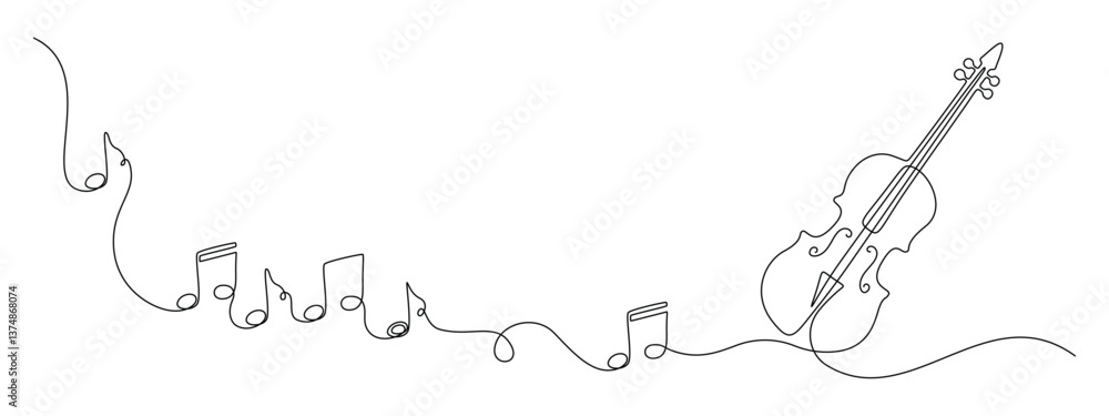 Poster violin and cello with notes in one continuous line drawing. string musical instrument for orchestra 