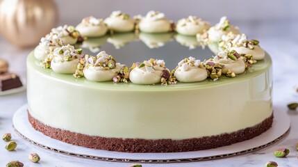 An elegant pistachio cheesecake with a shiny glaze and creamy toppings displayed on marble.