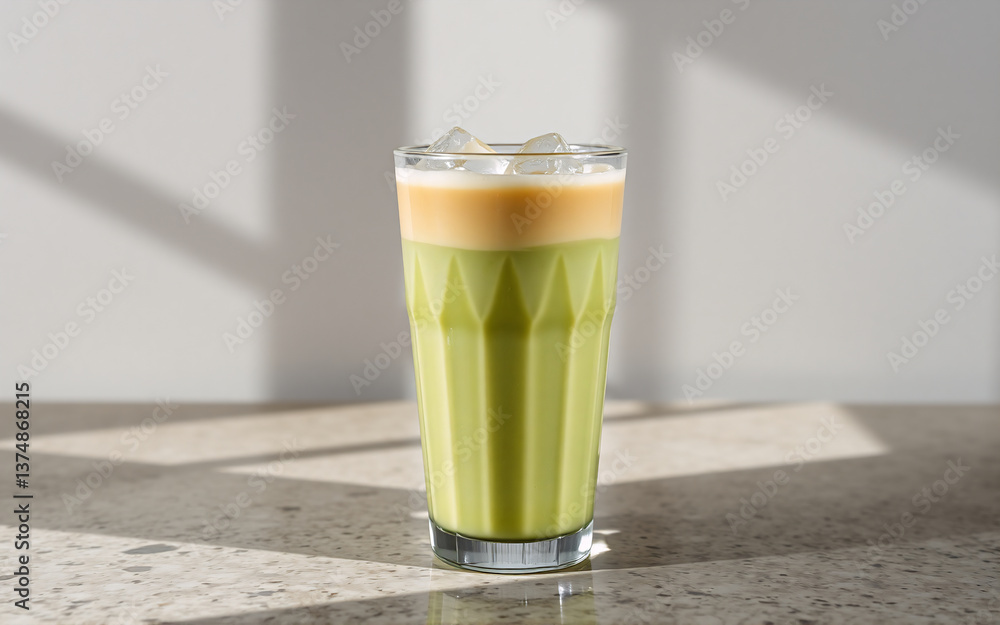 Poster a tall glass filled with a refreshing layered green beverage with ice. the drink features a darker g