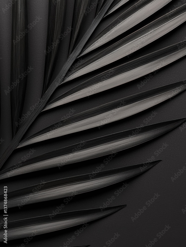 Poster close-up of a group of black palm leaves. the leaves are arranged in a diagonal pattern, with each l