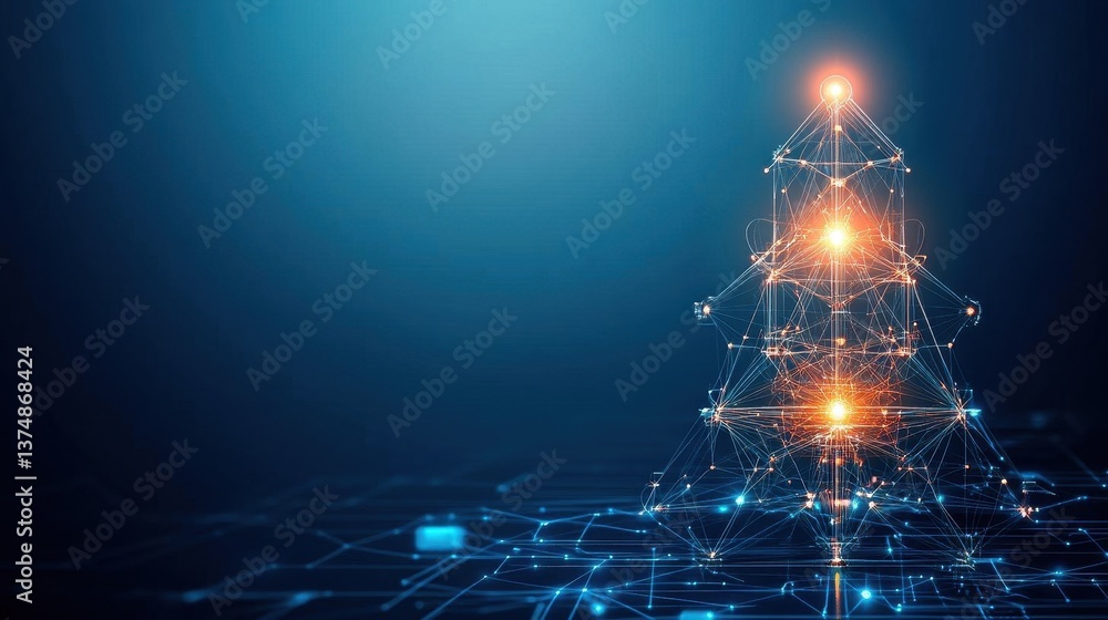 Poster Abstract technological christmas tree shining with light connections on blue background