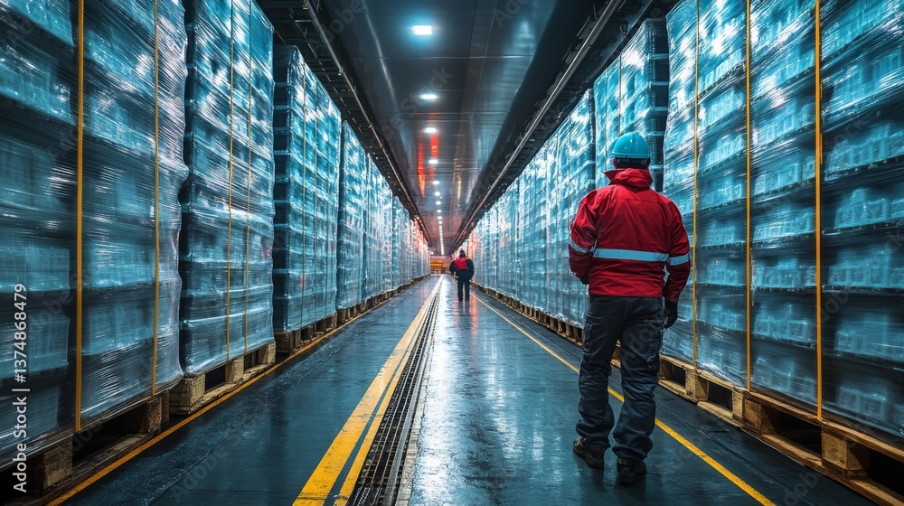 Poster Workers navigate through a cold storage warehouse filled with pallets of perishable items, ensuring proper inventory control and temperature maintenance.
