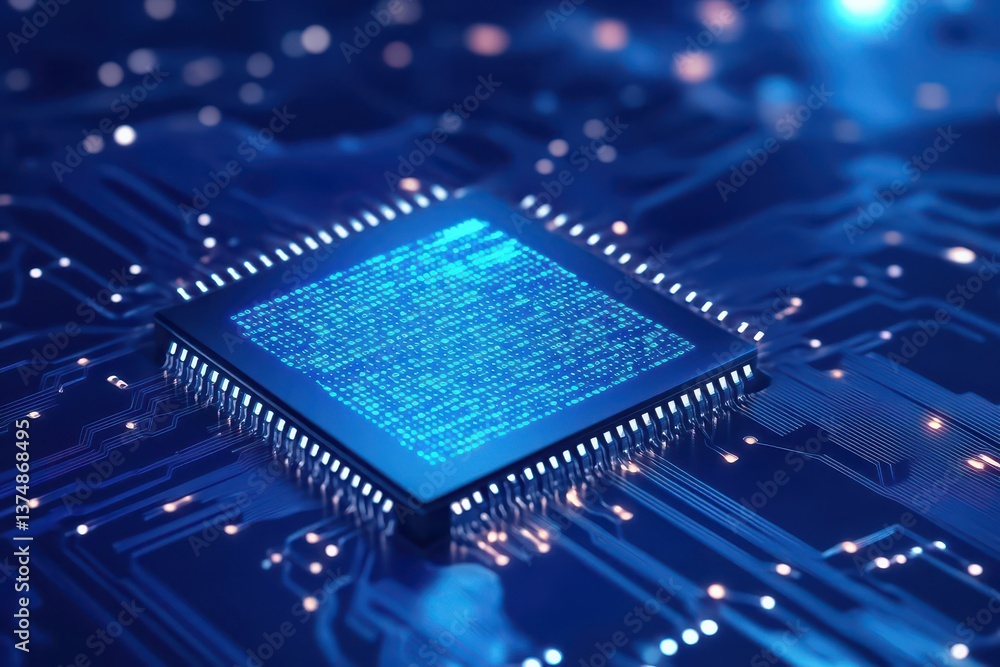 Poster Abstract technology chip processor background circuit board and html code,3D illustration blue technology background vector