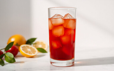Fototapeta premium A tall glass filled with a vibrant red iced drink is the focus, complemented by fresh lemons, oranges, and cherries on a white surface.
