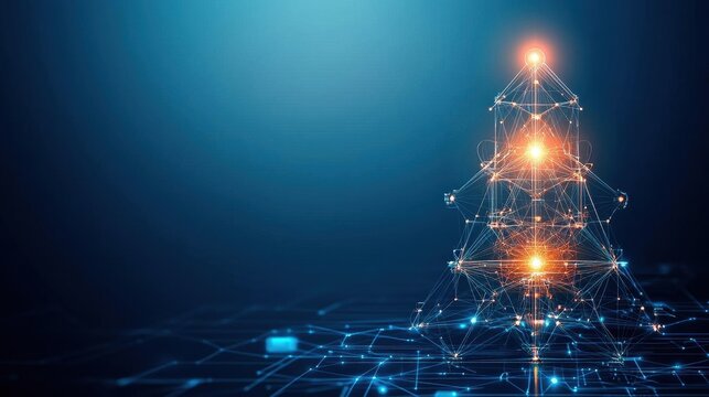 Abstract technological christmas tree shining with light connections on blue background