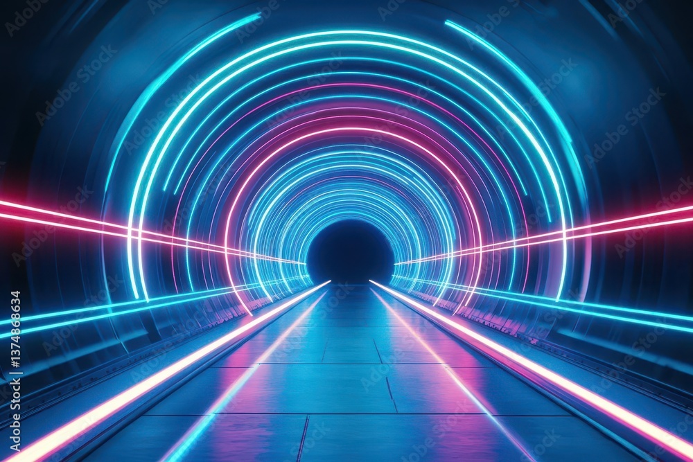 Aufkleber abstract tunnel, corridor with rays of light and new highlights abstract blue background, neon scene