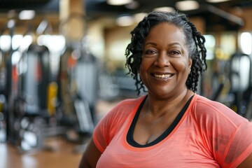 Fototapeta premium Smiling portrait of a middle aged slightly overweight African American woman in a gym in sports clothes