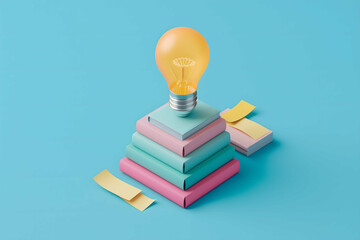 3D isometric illustration of an idea bulb on top and three colorful notepads stacked in the shape of a ladder below pastel colored books and postit notes of di