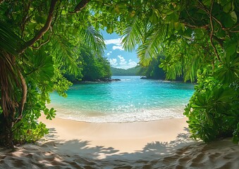 Tropical beach cove with lush foliage.