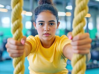 Active dedicated motivated female athlete training in gym with battle ropes, determined confident girl enjoying bodybuilding achieving goals with healthy lifestyle 4k footage