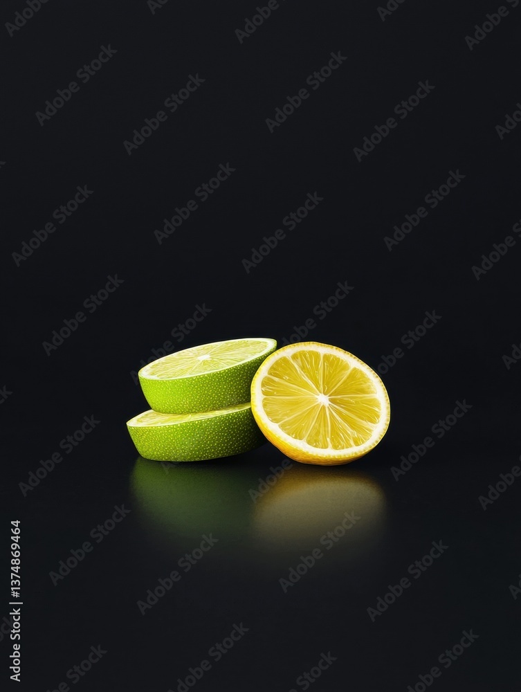 Poster photograph of two halves of a lime on a black background. the lime is placed on the left side of the
