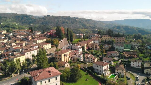 Stunning aerial panorama of Barga, Garfagnana, with clear skies and scenic landscapes