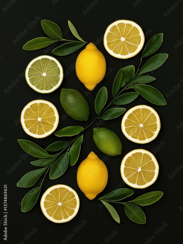 Poster flat lay of lemons and limes arranged in a circular pattern on a black background.