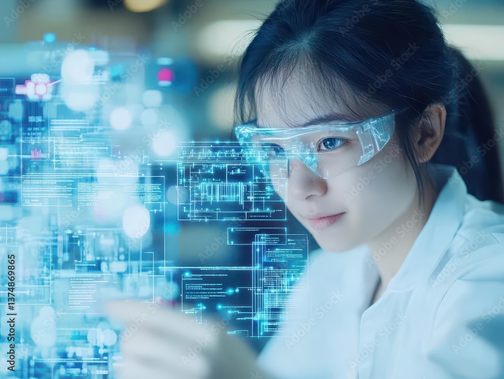 Fototapete Advance technology innovation for factory engineering solution information display overlay with women engineer worker happy to use concept design